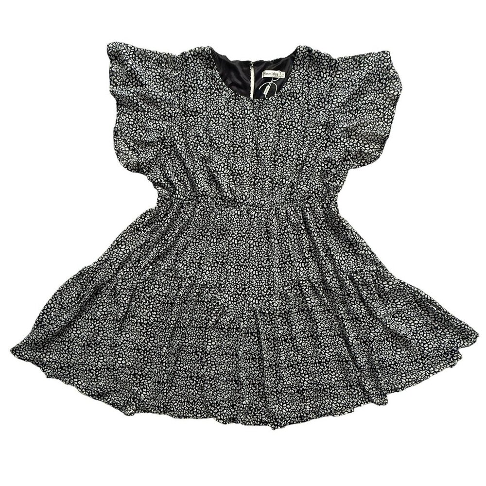 Nemidor Womens Black White Flutter Sleeve Ruffle Hem Flowy Dress Size US 24